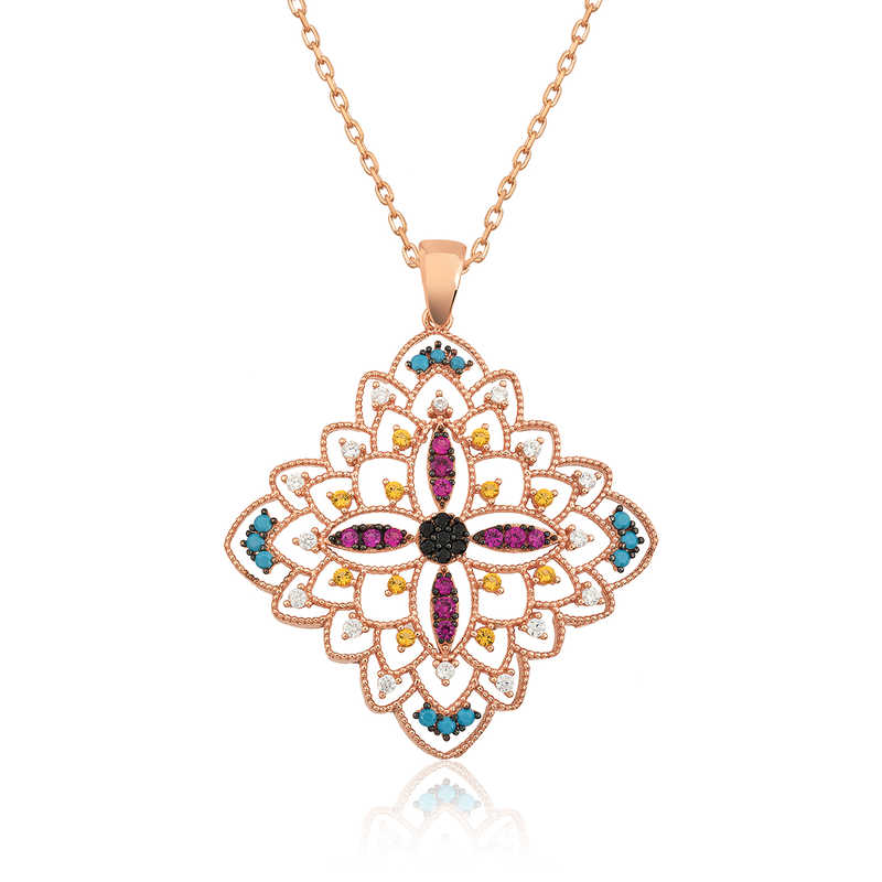 925 Ayar Gumus Rose Etnik Desenli Madalyon Kolye