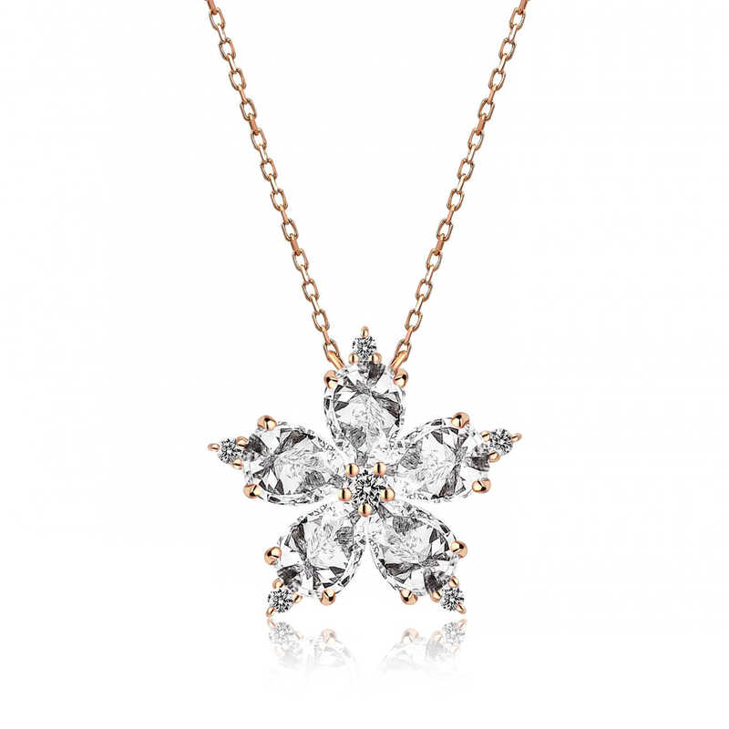 925 Ayar Gumus Rose Beyaz Kamelya Cicegi Kolye