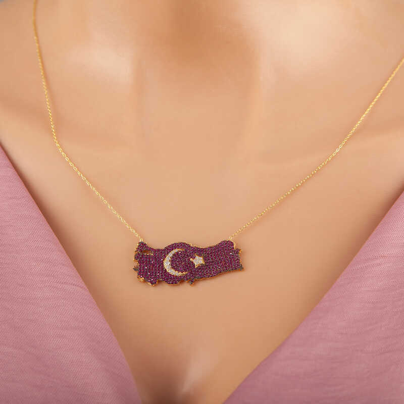 925 Ayar Gumus Gold Ay Yildiz Turkiye Haritasi Kadin Kolye