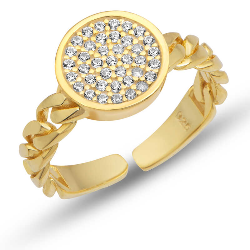 Gumus Ayarlanabilir Gold Yuvarlak Zirkon Tasli Kadin Yuzuk