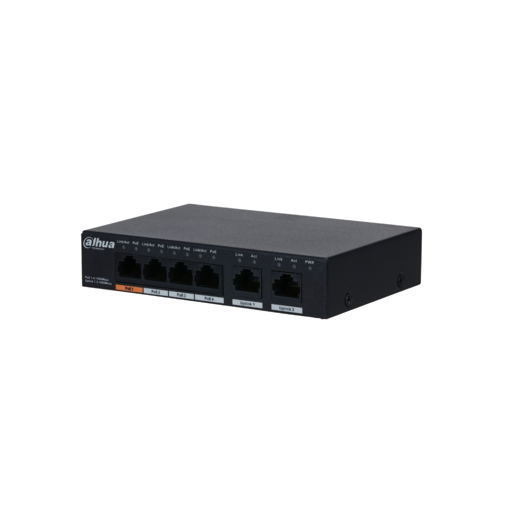 DAHUA PFS3006-4GT-60-V2, 4 Port, Gigabit, PoE 60W, 2 Port Uplink, Yonetilemez, Masaustu Switch