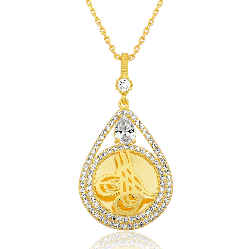 925 Ayar Gumus Gold Kaplama Damla Tugrali Kadin Kolye