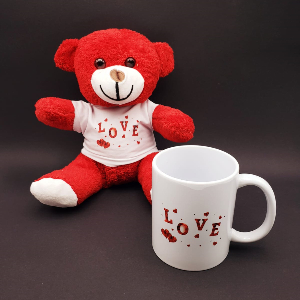 Love Tasarimli Kupa Bardak Ve Kirmizi Ayicik Seti