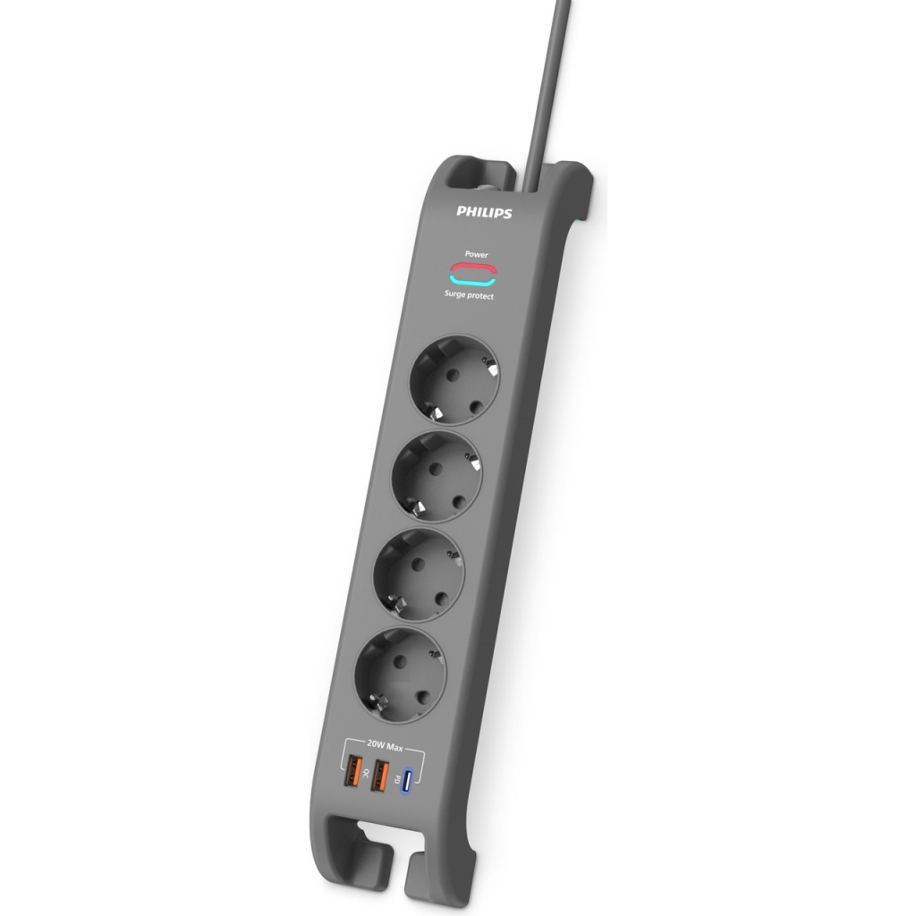 PHILIPS SPN4140GA/62, 4 Soket, Akim Korumali Priz, 2400 Joules, 2Mt Kablo, 1xUsb-C PD 20W Hizli Sarj, 2xUsb-A QC 18W, (Gri)