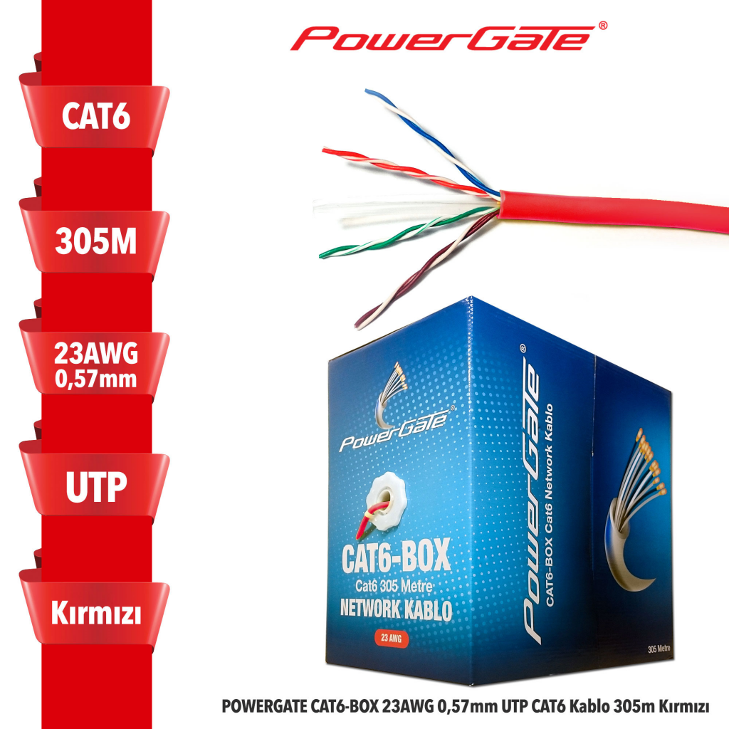 POWERGATE CAT6-BOX-RE, 23AWG, 0,57mm, UTP, CAT6 Kablo, 305m, Kirmizi
