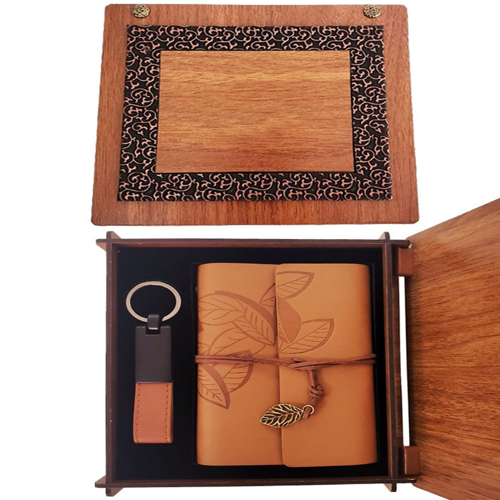 Ahsap Kutulu Taba Renk Deri Defter Anahtarlik Set