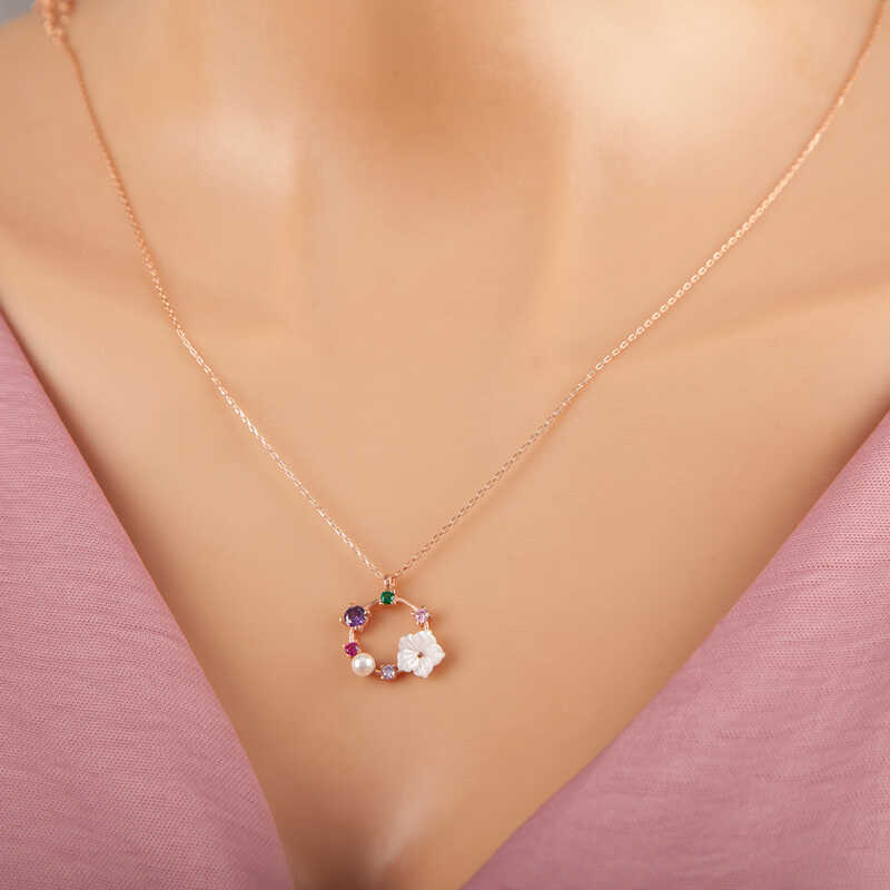 925 Ayar Gumus Rose Renkli Tasli Manolya Cicegi Kadin Kolye