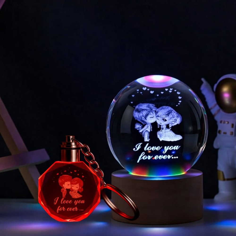 Renk Degistiren Sevgililer Temali Cam Kure Ve Isikli Kristal Anahtarlik