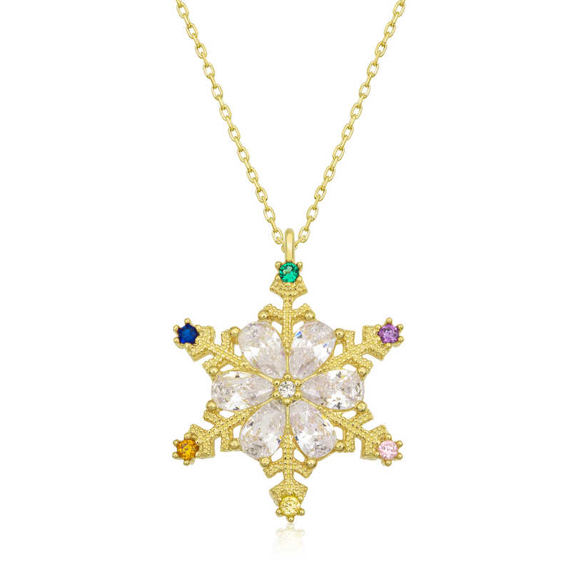 925 Ayar Gumus Gold Renkli Tasli Kar Tanesi Kadin Gumus Kolye
