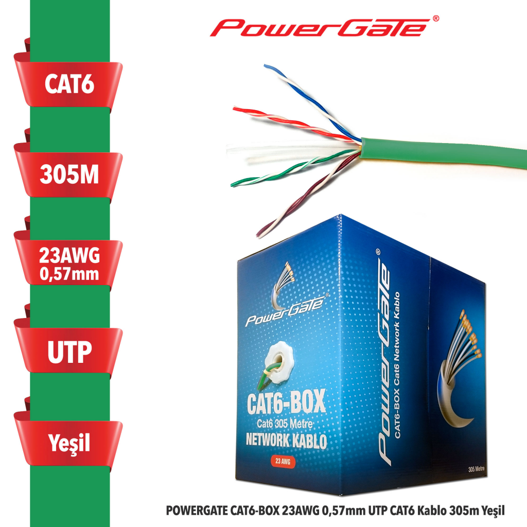 POWERGATE CAT6-BOX-GN, 23AWG 0,57mm, UTP, CAT6 Kablo, 305m, Yesil