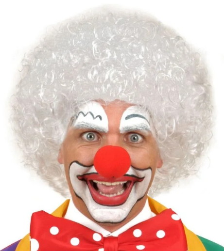 Beyaz Renk Kivircik Afro Bonus Peruk Sac ve Kirmizi Sunger Burun Seti