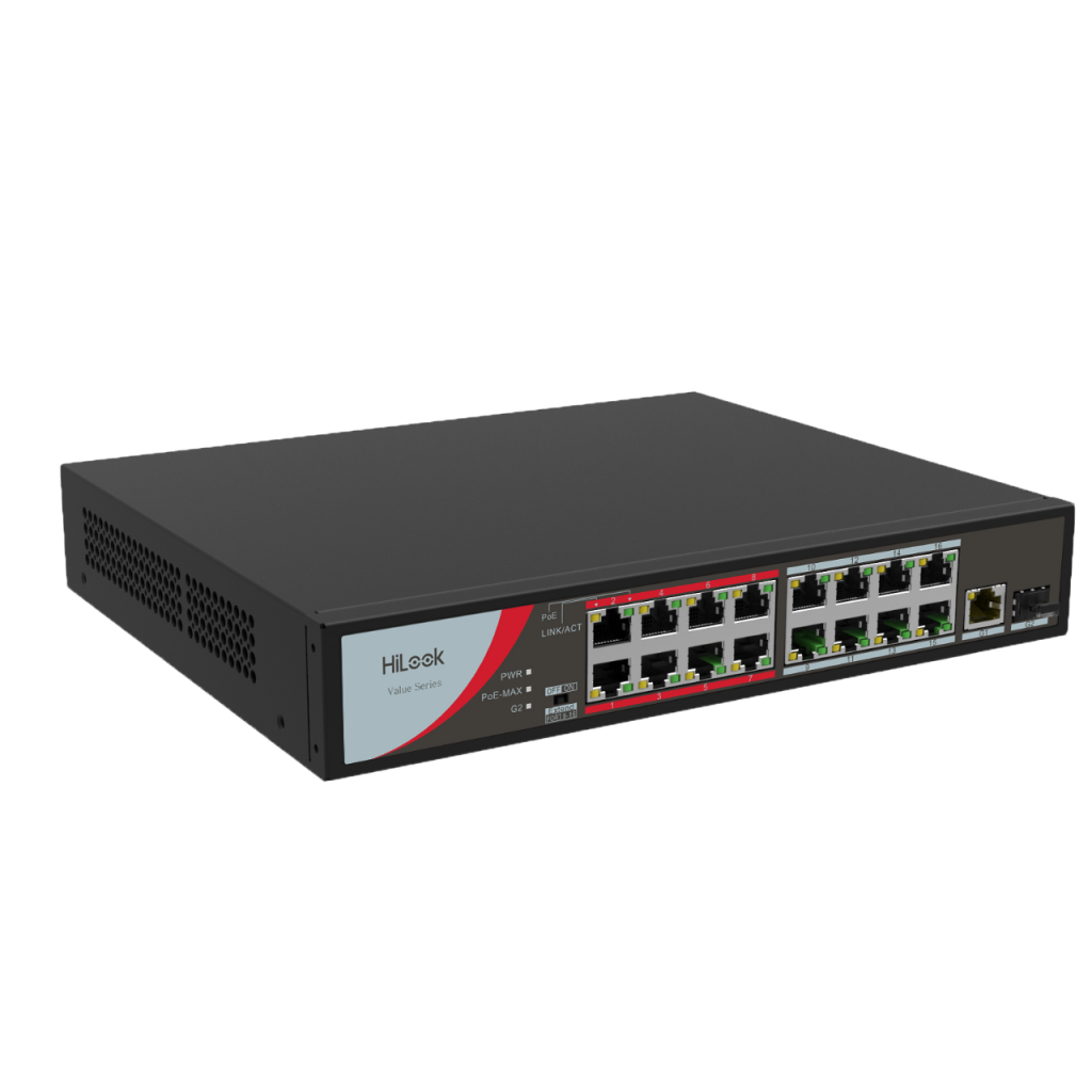 HILOOK NS-0318P-130(B), 16 Port, Megabit, PoE 130W, 1 Port GigaBit Lan, 1 Port GigaBit SFP, Long Range 250Metre, Yonetilemez, Masaustu Switch