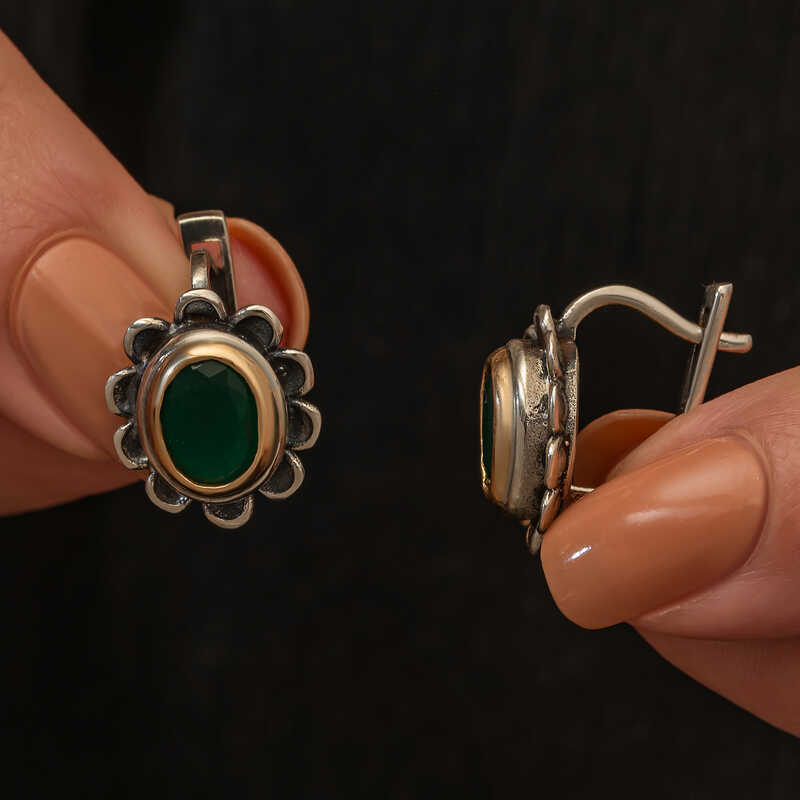 Gumus Yesil Cicek Desenli Otantik Kadin Kupe