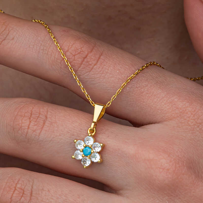 Gumus Mavi Tasli Gold Cicek Kadin Kolye