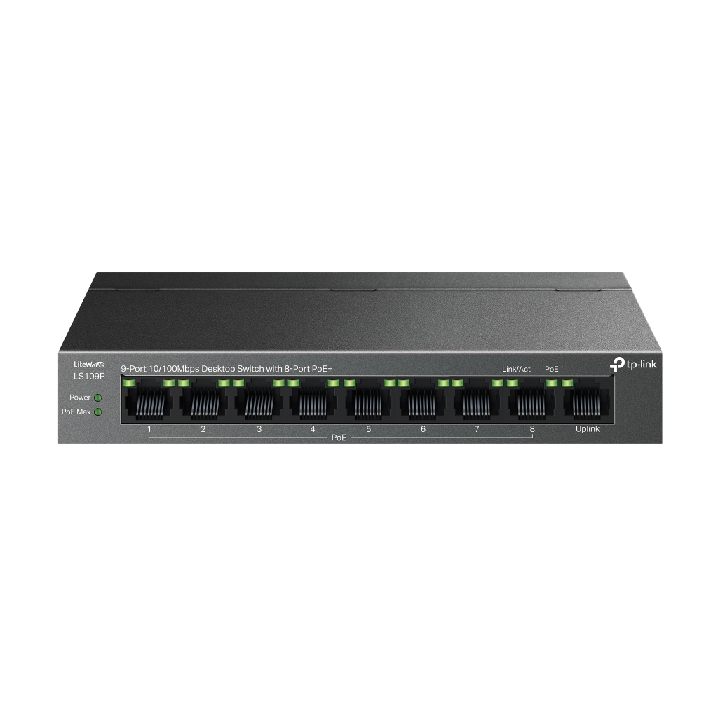 TP-LINK LS109P, Green Tech, 8 Port MegaBit, POE 63W, 1 Port Uplink, Long Range 250Mt, Yonetilemez, Metal Kasali Switch