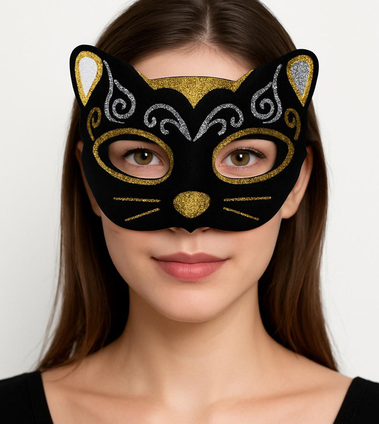 Kadife Dokulu Sim Detayli Isiltili Kedi Maskesi Altin Gumus 20x13 cm