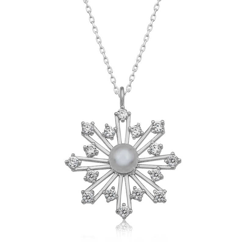 925 Ayar Gumus Incili Kar Tanesi Kadin Gumus Kolye