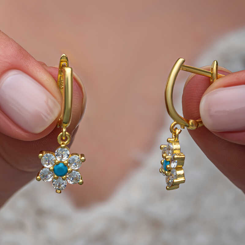 Gumus Mavi Tasli Gold Cicek Kadin Kupe