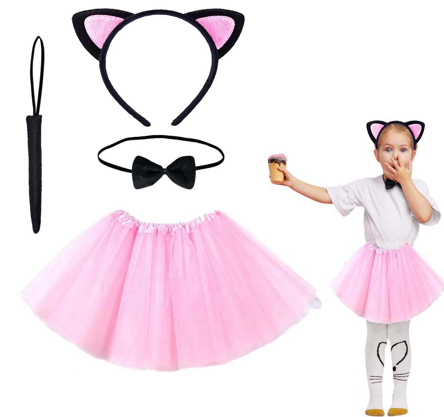 Pembe Renk Etekli Kedi Kostum Seti (Tutu, Tac, Papyon, Kuyruk)