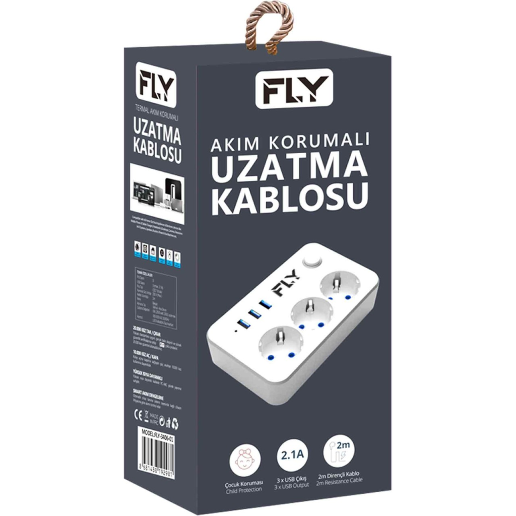 FLY 3406-01, 3 Soket, 3 USB, Akim Korumali Priz, 2.1A, Anahtarli, 2Mt Kablo, (Beyaz)