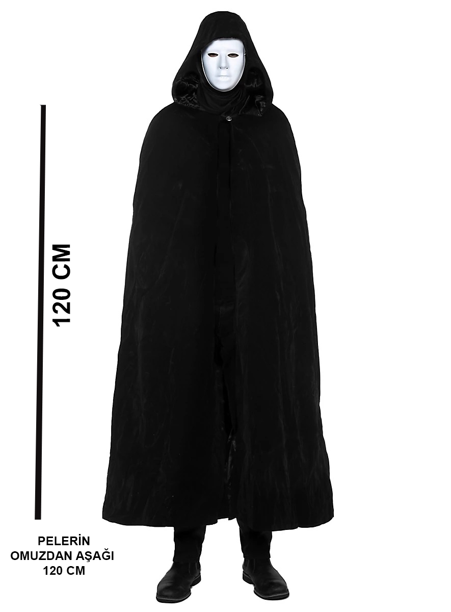 Siyah Kapusonlu 120 cm Pelerin ve Beyaz Boyanabilir Tam Yuz Maske