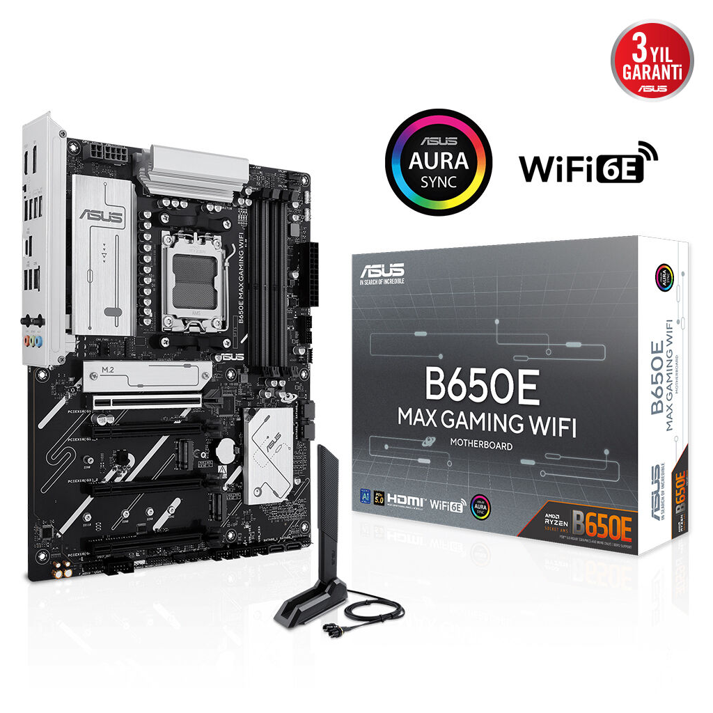 ASUS B650E MAX GAMING WIFI, 4xDDR5, 3xM.2, DP, HDMI, Type-C, Wi-Fi 6E, Bluetooth v5.3, AM5 Soket Gaming Anakart
