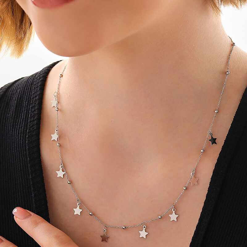 925 Ayar Gumus Yildizli Dorika Kadin Gumus Kolye