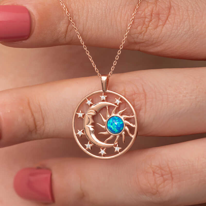 Gumus Rose Opal Mavi Tasli Ay Gunes Kadin Kolye