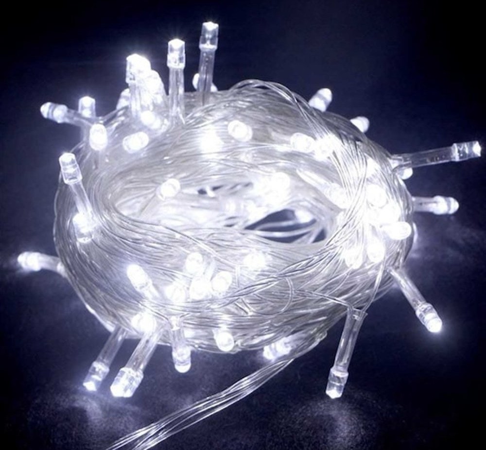 10m 100 Led Boncuk Lamba Beyaz Isik Seffaf Kablo