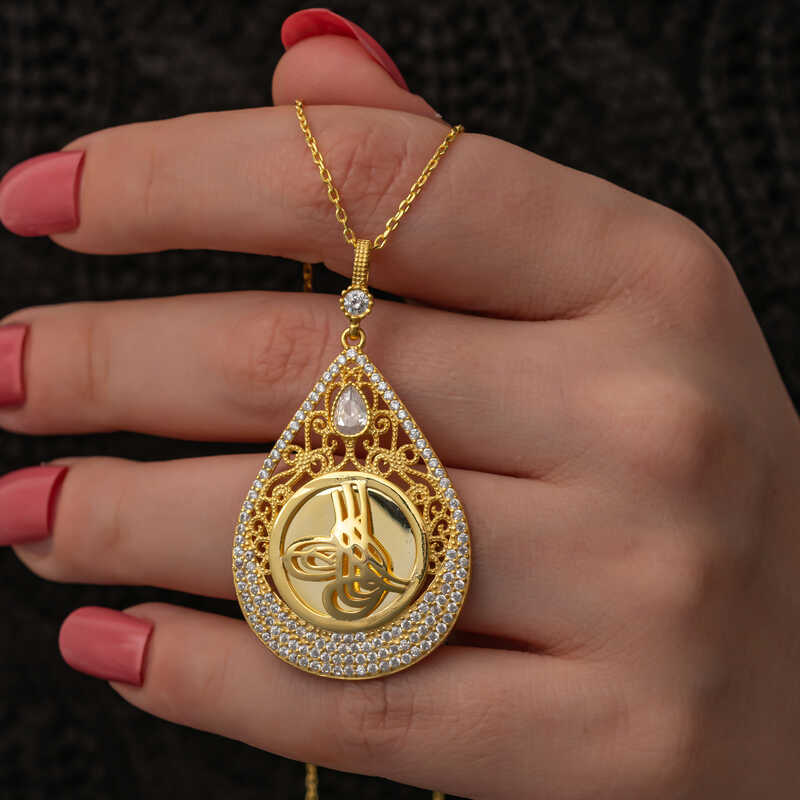 Gumus Gold Kaplama Damla Tugrali Kadin Kolye