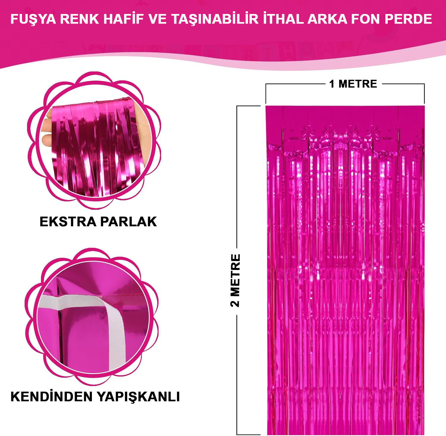 Fusya Renk Ekstra Metalize Parlak Sacakli Arka Fon Perde Ithal A Kalite 1x2 Metre