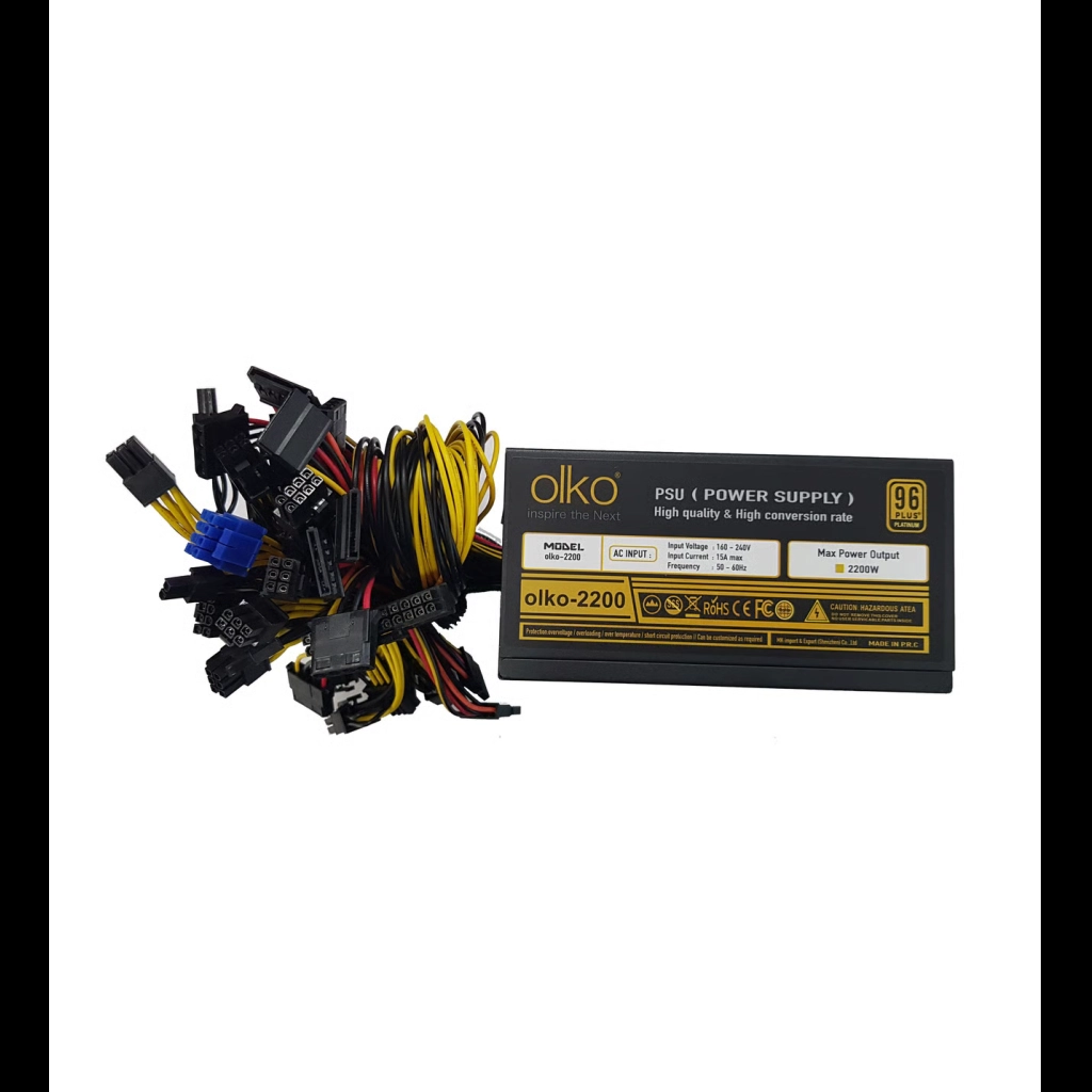 OLKO 2200, 2200W, 14cm Fan, 16xPCI-E 6+2Pin, 1x20+4Pin, 8xSata, ATX, Power Supply (PSU)