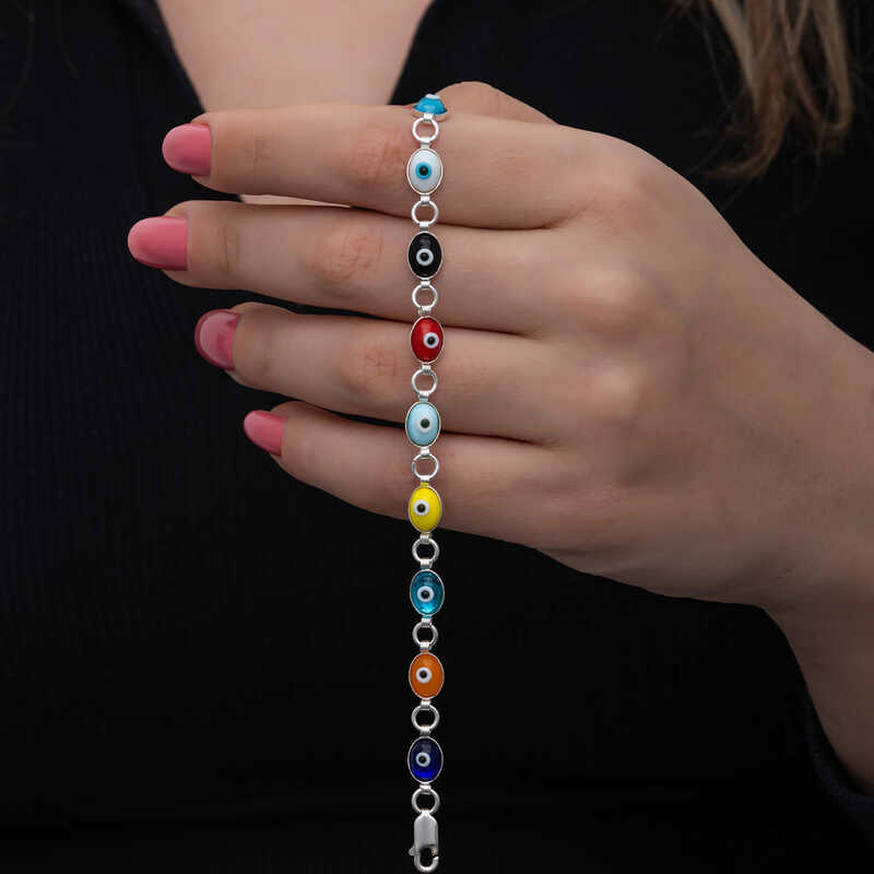 925 Ayar Gumus Renkli Nazar Mineli Kadin Bileklik