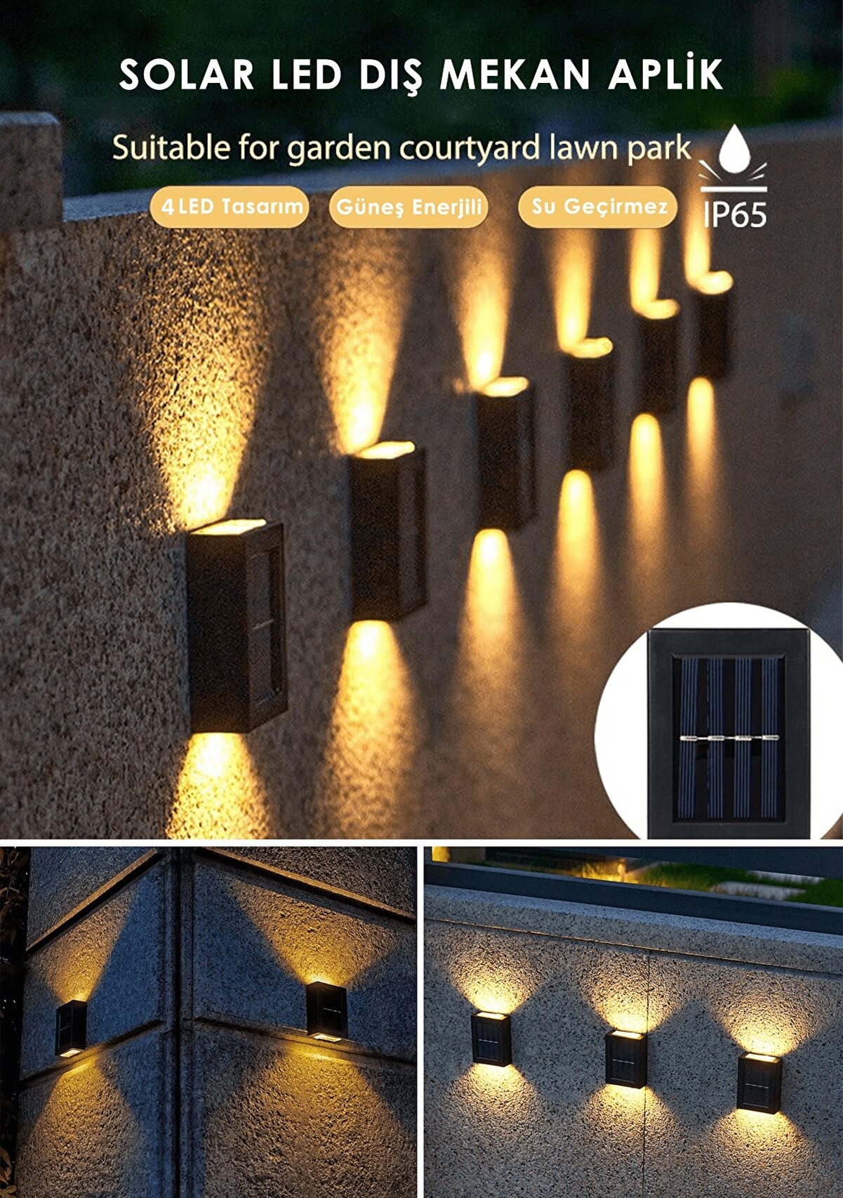 4 Ledli Solar Cift Tarafli Duvar Lambasi Gunes Enerjili Aydinlatma Dekorasyon Aplik Isik