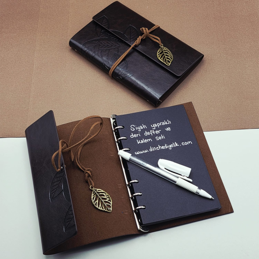 Beyaz Jel Kalem Ve Siyah Yaprakli Deri Hatira Defteri