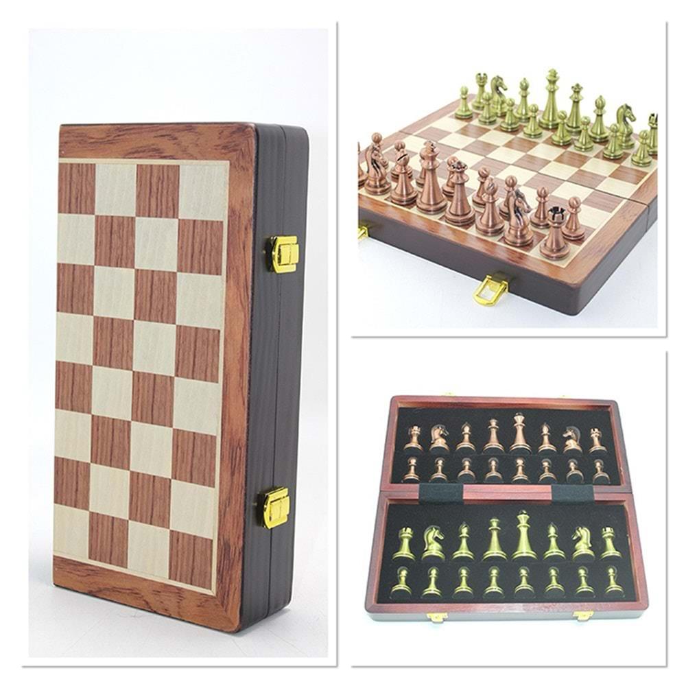 Ahsap Kutulu Metal Tasli Hazneli Satranc Takimi