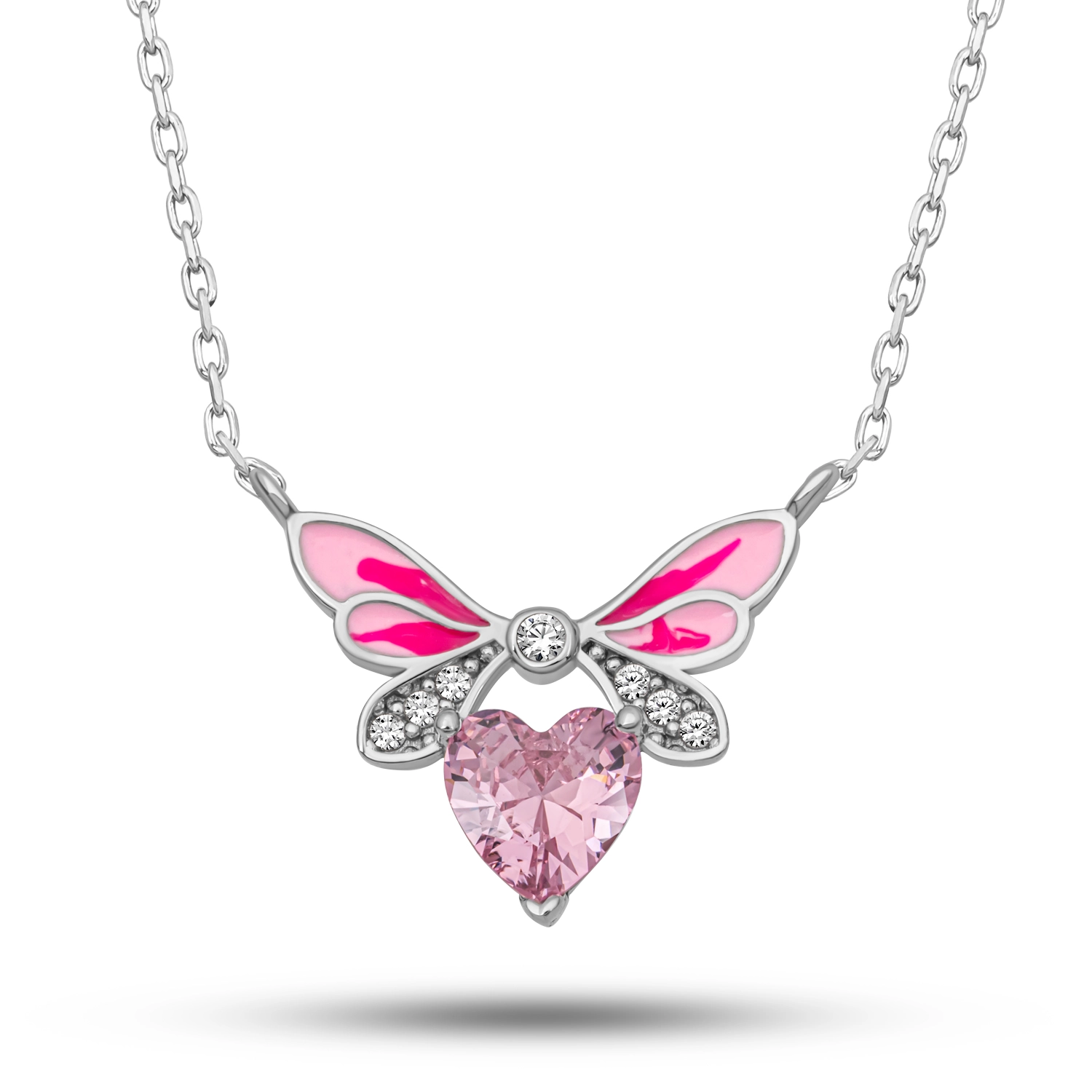 Gumus Pembe Kalp Peri Kanatli Kolye