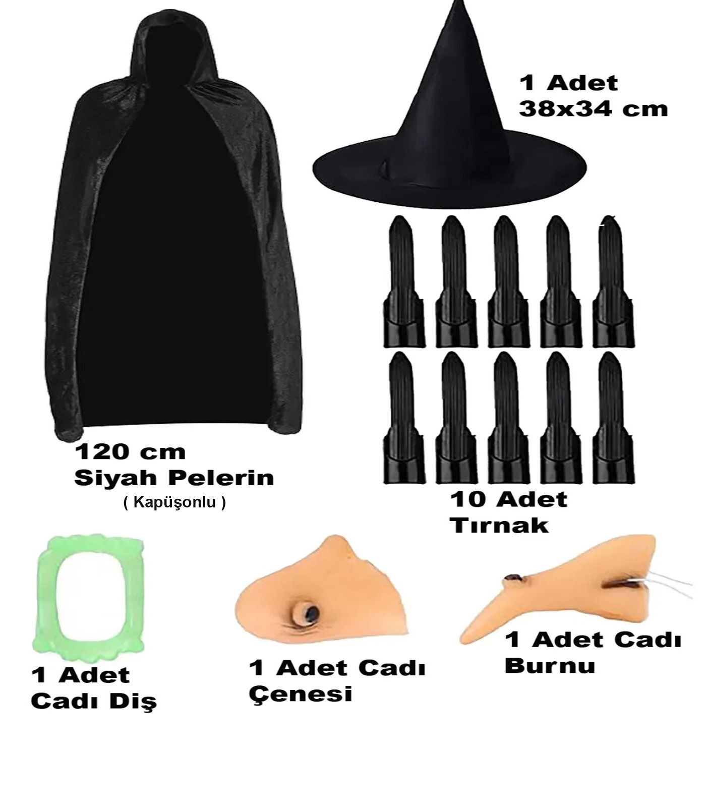 Siyah Kapusonlu Pelerin 120 cm Tirnaklar Dis Cene Burun ve Sapka Seti