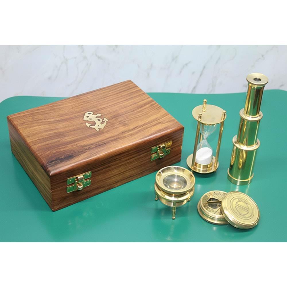 Ahsap Kutulu Durbun Kumsaati Buyutec Pusula Seti