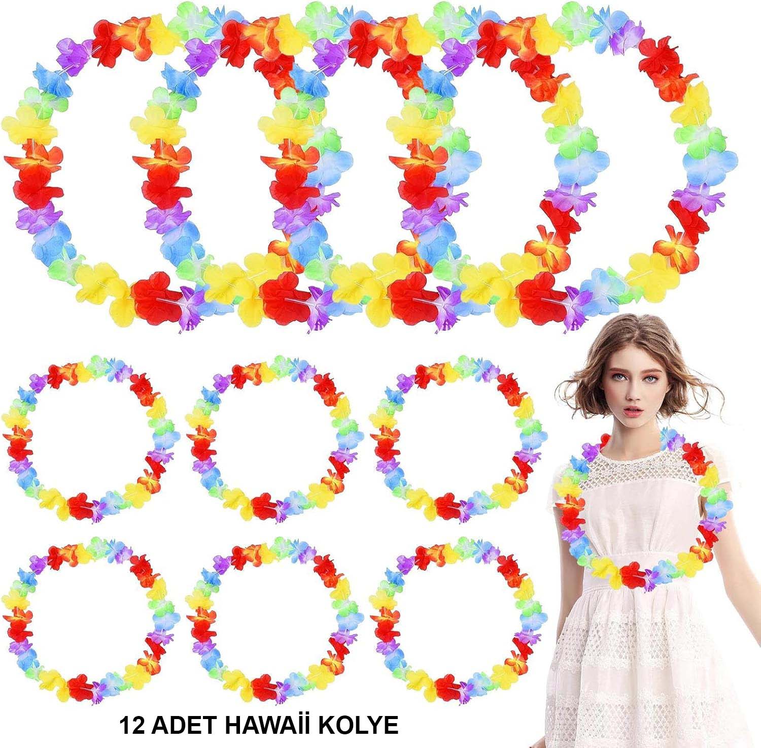 Hawaii Cicekli Boyun Kolyesi - Renkli Tropikal Parti Leisi 12 Adet