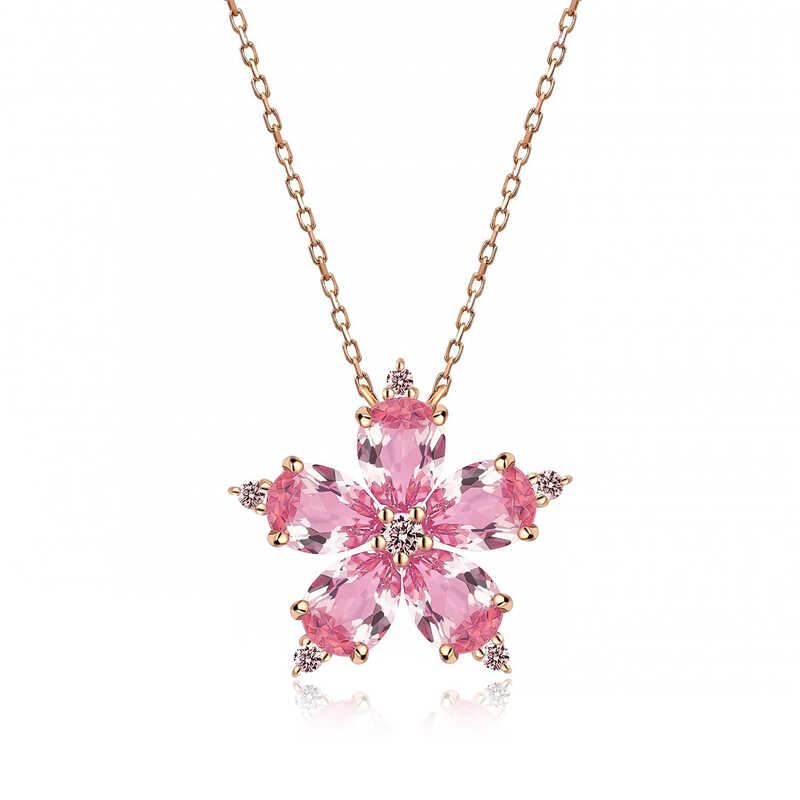 925 Ayar Gumus Rose Pembe Kamelya Cicegi Kolye