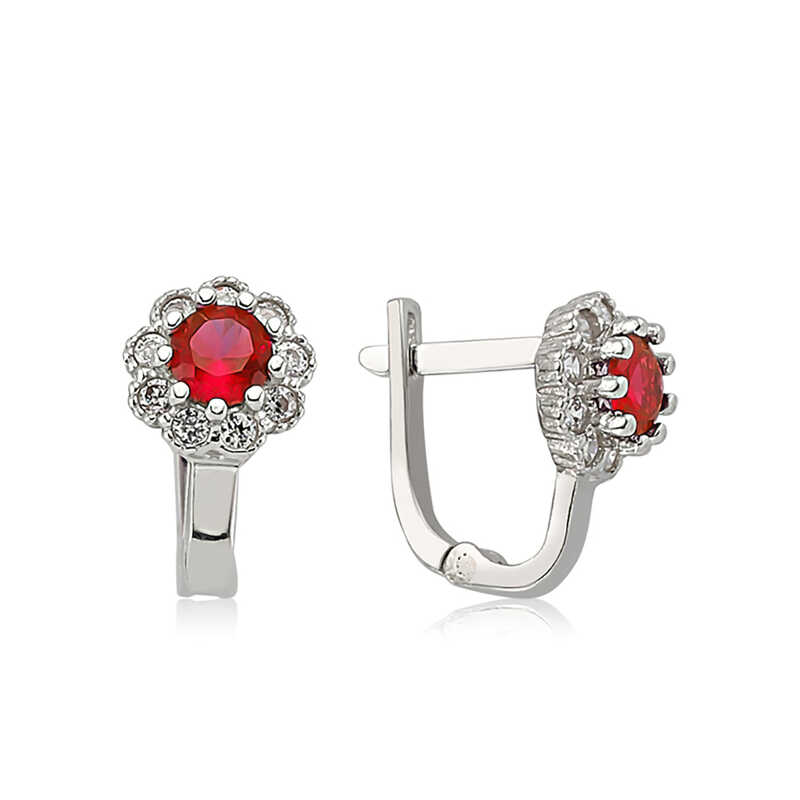 Gumus Kirmizi Cicek Desenli Yuvarlak J Kadin Kupe