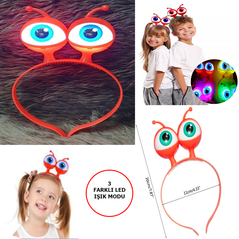 Led Isikli Pilli 3 Farkli Modda Yanan Uzayli Goz Parti Taci Kirmizi Renk 18x12 cm