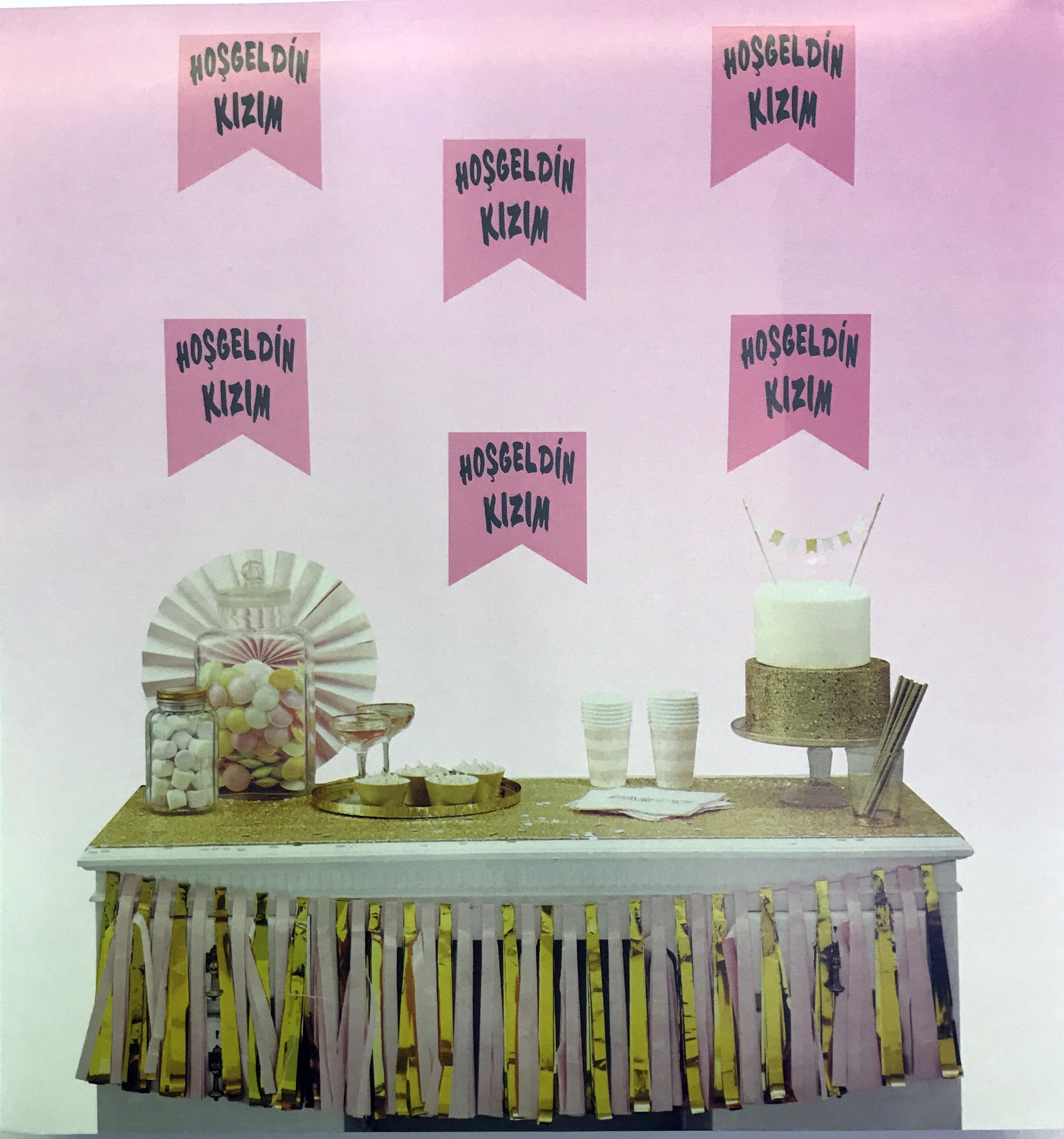 Parti Malzemeleri Pembe Uzeri Gumus Renk Hosgeldin Kizim Bayrak Sus