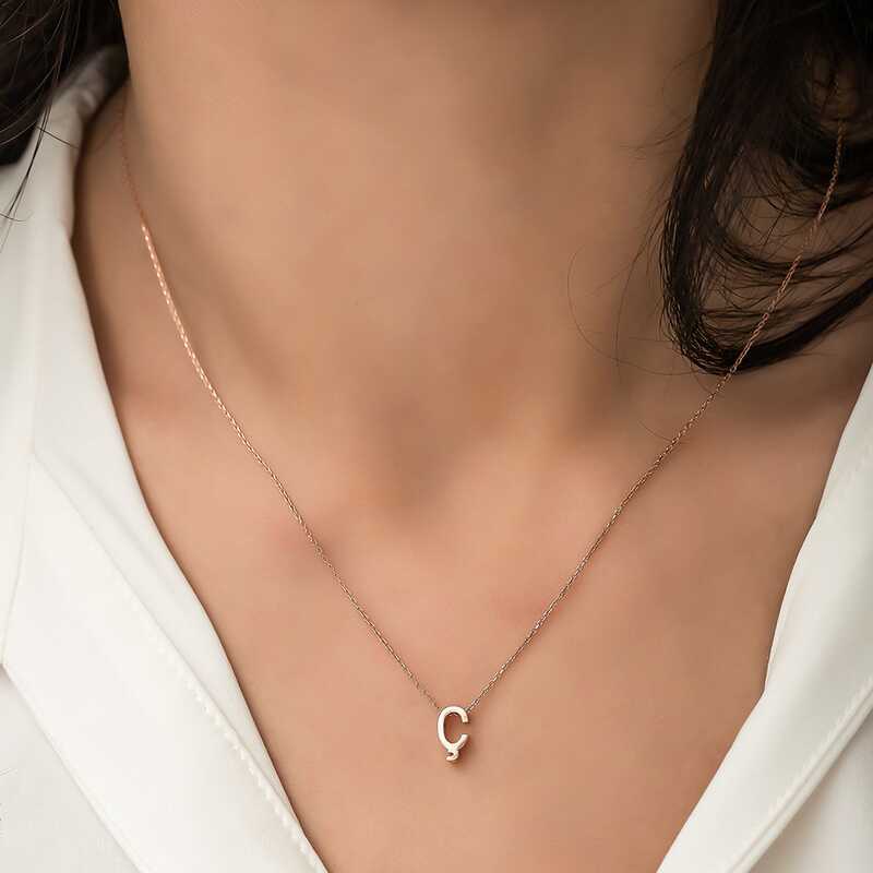 925 Ayar Gumus Rose 3 Boyutlu C Harf Kadin Gumus Kolye