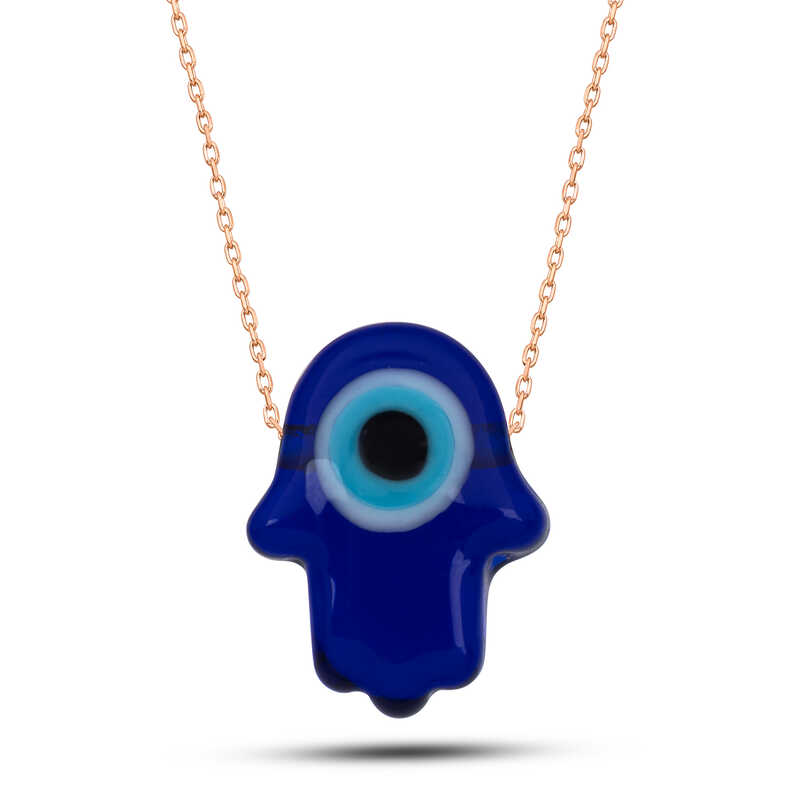 925 Ayar Gumus Rose Mavi Nazarli Cam Fatma Ana Eli Kadin Kolye