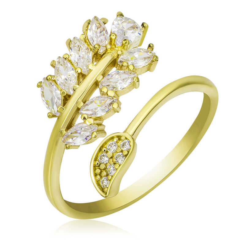 Gumus Gold Ayarlanabilir Beyaz Tasli Yaprak Kadin Yuzuk