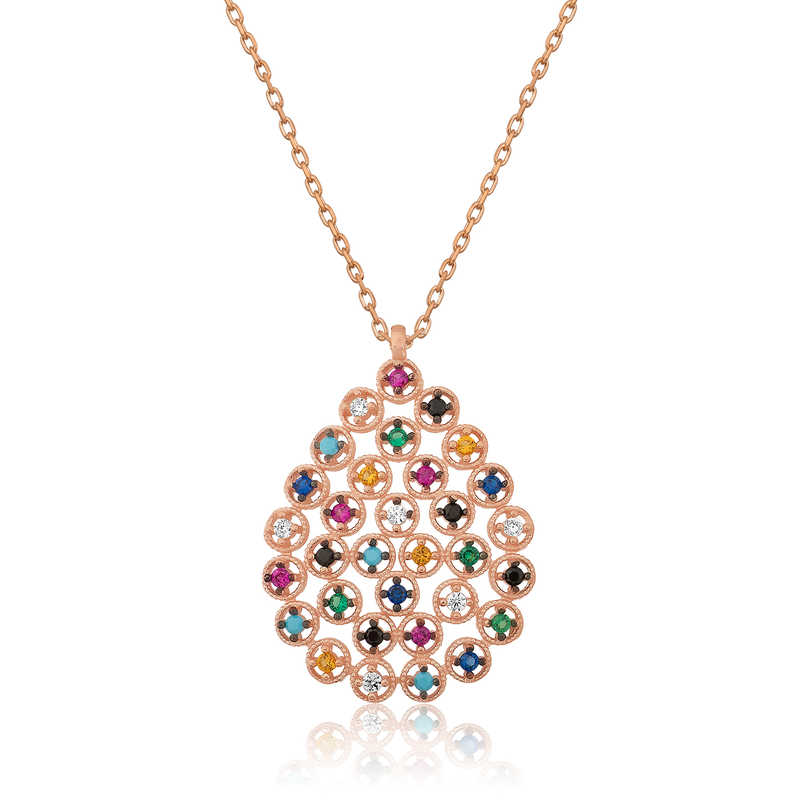 925 Ayar Gumus Renkli Tasli Damla Kadin Gumus Kolye