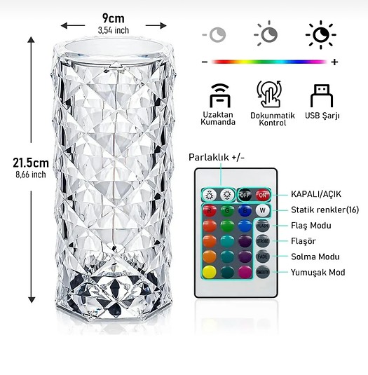 Kristal Elmas Led Dokunmatik Sarjli Kumandali Masa Lambasi RGB