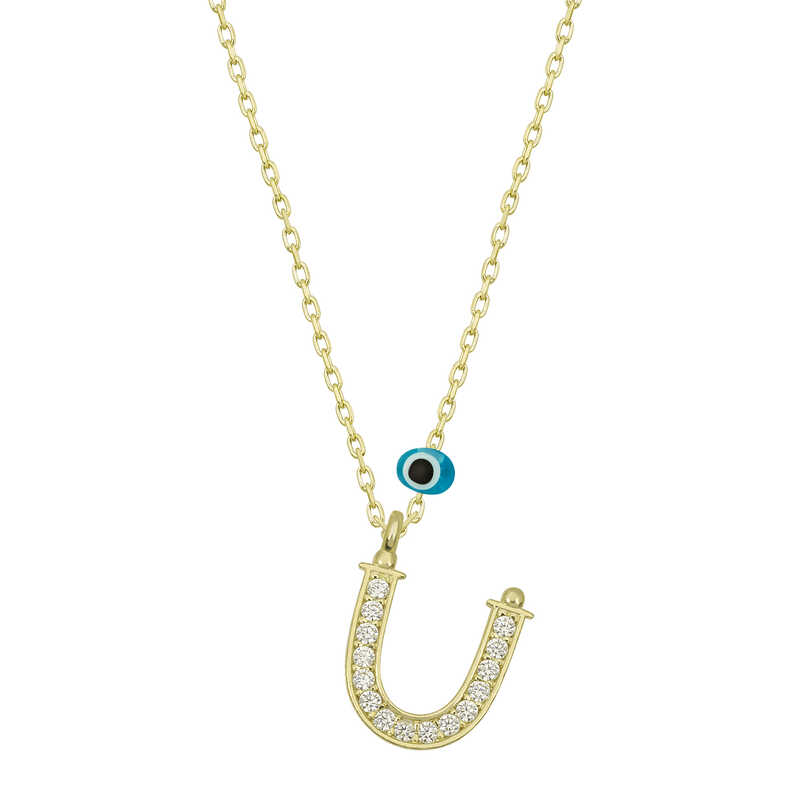 925 Ayar Gumus Nazar Gold U Harfi Kadin Gumus Kolye